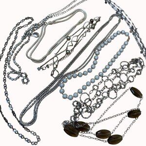 Necklace Lot Silver Tone, Beaded, Long, Chains, Some Signed, Exact Lot Shown